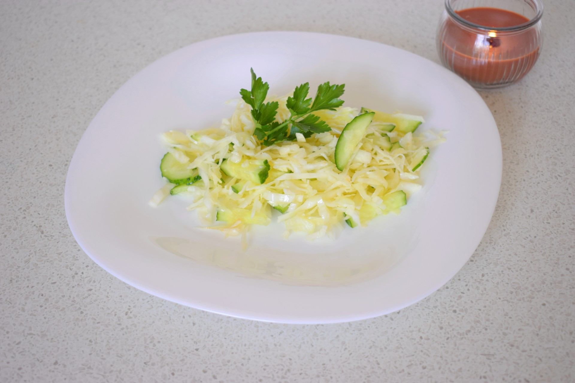 Fresh Vegetable Salad with Cucumber, Celery Root, Parsley Root and Cabbage. Step by step, quick and easy